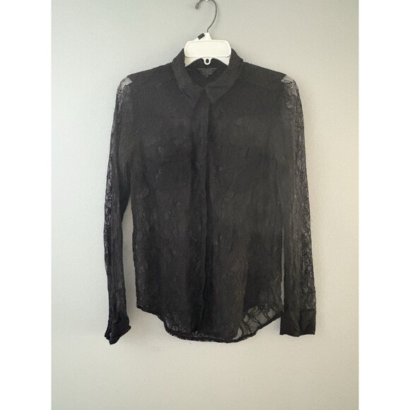 Guess Black Lace Top Size S Sheer Goth Vampire Witchy Whimsigoth Button Up - Picture 16 of 16
